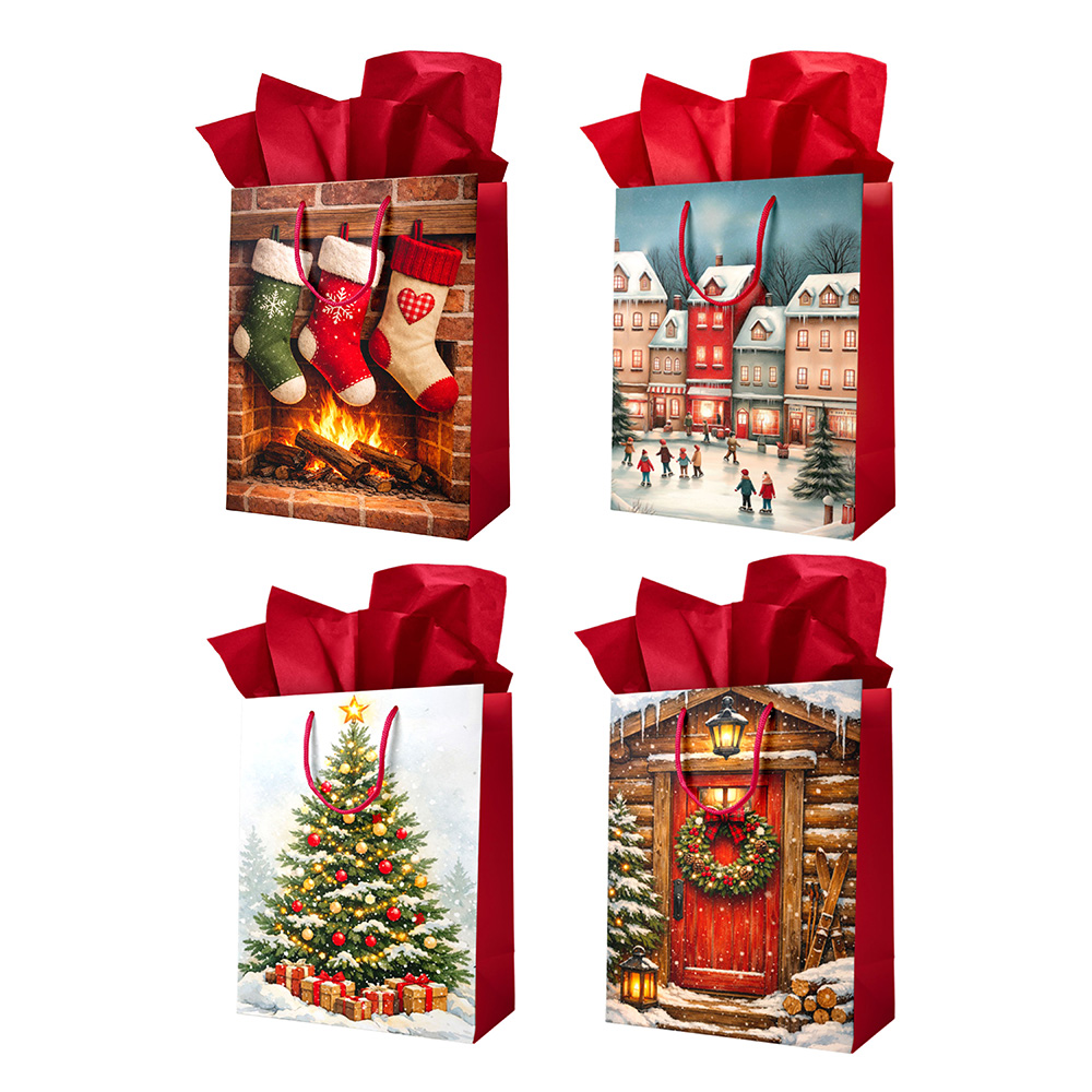 Image Grands sacs cadeaux de Noël verticaux - Série Noël d'antan (ass't 12) - 10 x 12.5''